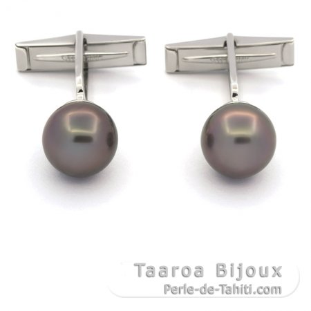 Gemelli in Argento e 2 Perle di Tahiti Rotonde C 10.7 mm