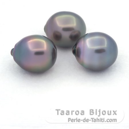 Lotto di 3 Perle di Tahiti Semi-Barroca B/C di 11 a 11.4 mm