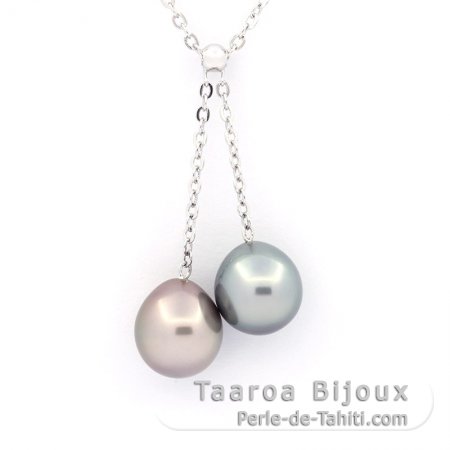 Collana in Argento e 2 Perle di Tahiti Semi-Barroca 1 B & 1 C 9.5 mm
