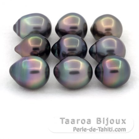 Lotto di 9 Perle di Tahiti Semi-Barroca B/C di 10 a 10.3 mm
