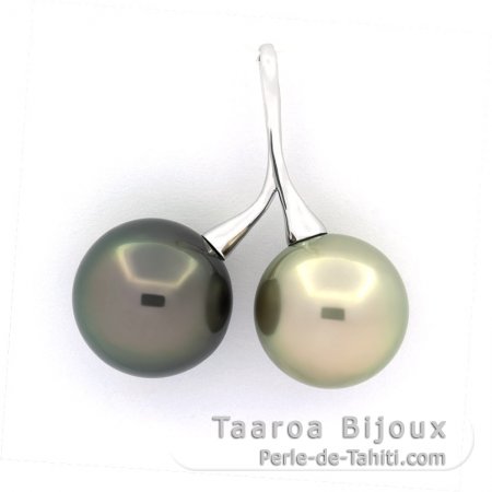 Ciondolo in Argento e 2 Perle di Tahiti Rotonda C 13.1 e 13.5 mm