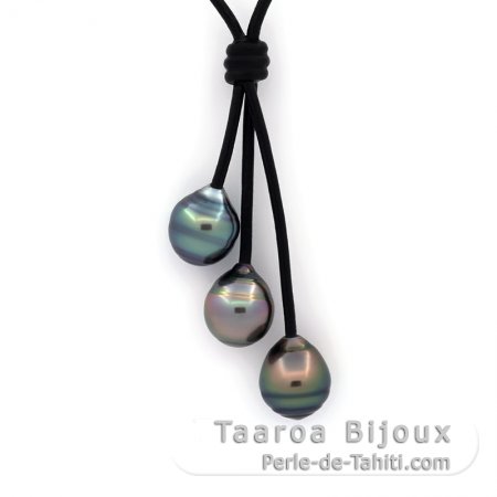 Collana in Cuoio e 3 Perle di Tahiti Cerchiate C da 10.8 a 10.9 mm