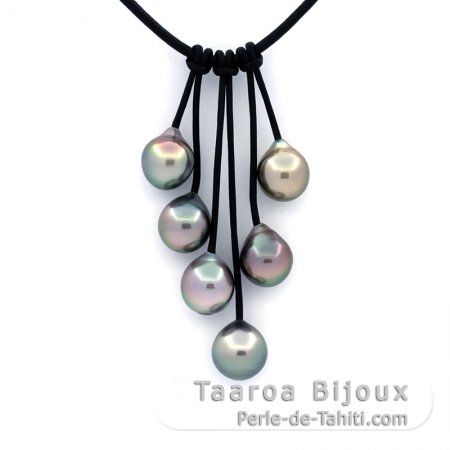 Collana in Cuoio e 6 Perle di Tahiti Semi-Barroca B/C da 9.3 a 9.7 mm