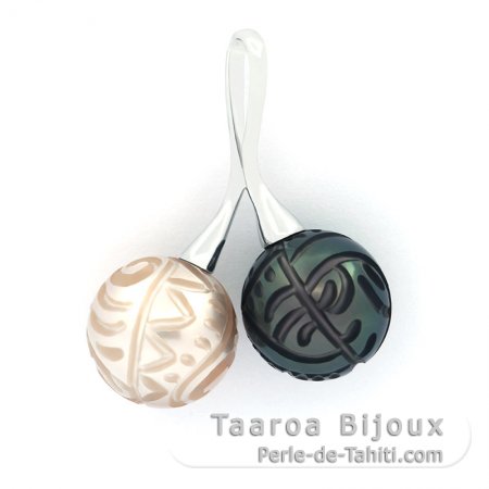 Ciondolo in Argento e 2 Perle di Tahiti Incise 11.7 e 11.9 mm