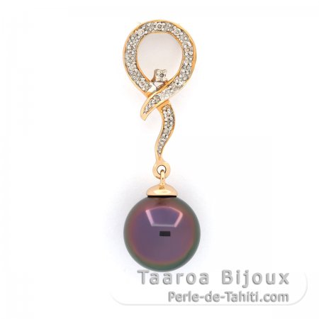 Pingente em Ouro 14K + 13 Diamantes e 1 Prola do Tahiti Redonda B 9.4 mm