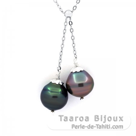 Collana in Argento e 2 Perle di Tahiti Cerchiate B/C da 10.6 a 10.8 mm
