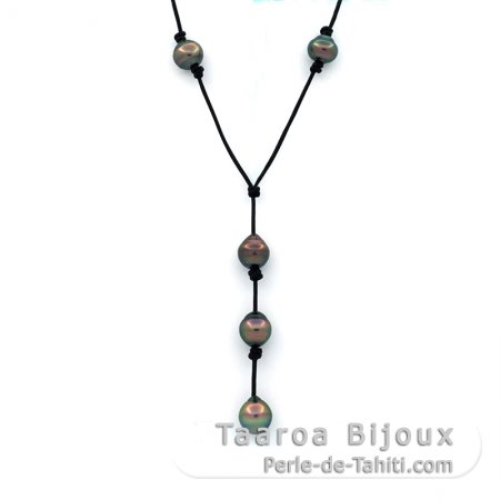 Collana in Cuoio e 5 Perle di Tahiti Cerchiate B/C da 9.4 a 9.8 mm