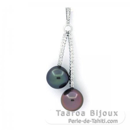 Ciondolo in Argento e 2 Perle di Tahiti Semi-Barocche B+ 10 mm