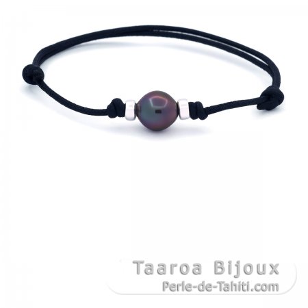 Braccialetto in Cotone Cerato e 1 Perla di Tahiti Semi-Baroccha B+ 9.7 mm