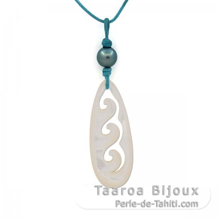 Collana in Cotone e 1 Perla di Tahiti Semi-Rotonda C 8.5 mm