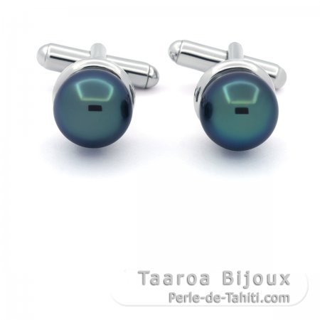Gemelli in Argento e 2 Perle di Tahiti Rotonde C 11.2 mm