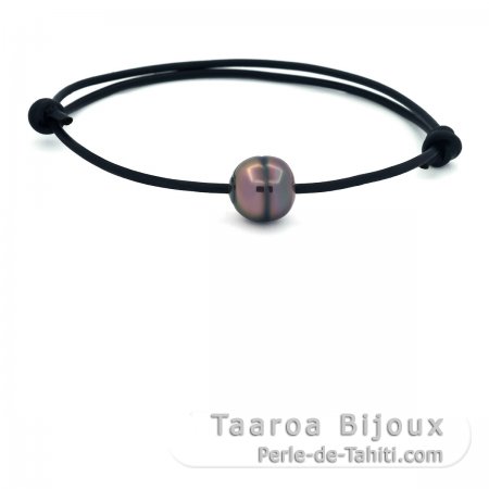 Braccialetto in Cuoio e 1 Perla di Tahiti Cerchiata C 10.8 mm