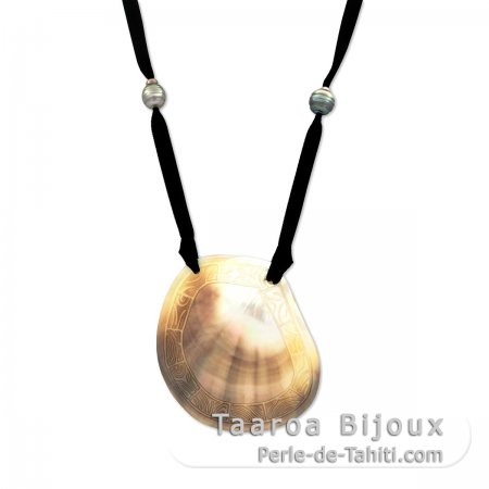 Collana in Raso, Madreperla e 6 Perle di Tahiti Cerchiate C/D di 9.1 a 10 mm