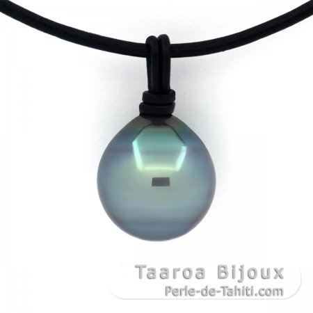 Collana in Cuoio e 1 Perla di Tahiti Semi-Baroccha C/D 14.2 mm