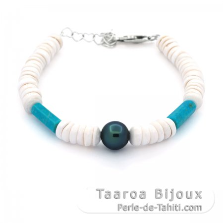Bracciale Conchiglia, Turchese e 1 Perla di Tahiti Rotonda C 8.7 mm