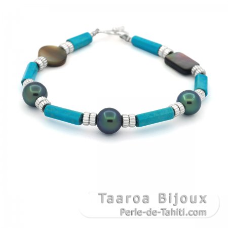 Bracciale in Argento, Turchese, Madreperla e 3 Perle di Tahiti Rotonda D 8.3 mm