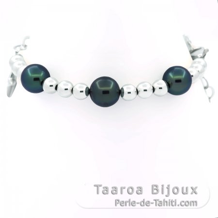 Bracciale in Argento e 3 Perle di Tahiti Rotonda C/D 8.7 mm