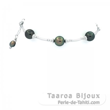 Bracciale in Argento e 3 Perle di Tahiti Rotonda C/D da 7.6 a 7.8 mm