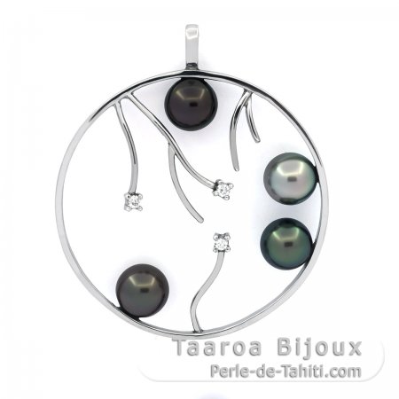 Ciondolo in Argento e 4 Perle di Tahiti Rotonde e Semi-Rotonde C di 7.7 mm