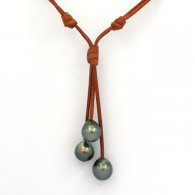 Collana in Cuoio e 3 Perle di Tahiti Semi-Barocche C di 10 a 10.4 mm