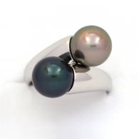 Anello in Argento e 2 Perle di Tahiti Rotonde C 9 e 9.1 mm