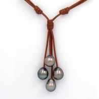 Collana in Cuoio e 4 Perle di Tahiti Semi-Barocche B/C di 9.7 a 10.1 mm