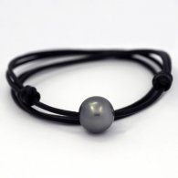 Collana in Cuoio e 1 Perla di Tahiti Rotonda C 14.4 mm