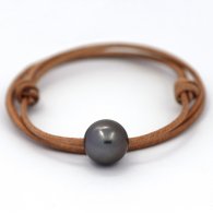 Collana in Cuoio e 1 Perla di Tahiti Rotonda C 14 mm