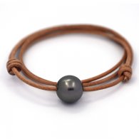 Collana in Cuoio e 1 Perla di Tahiti Rotonda C 14 mm