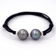 Collana in Cotone e 2 Perle di Tahiti Rotonde C 13.1 mm