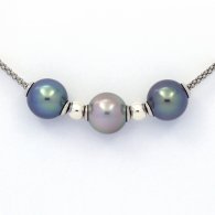 Collana in Argento e 3 Perle di Tahiti Rotonde C+ di 10.2 a 10.4 mm