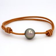 Braccialetto in Cuoio e 1 Perla di Tahiti Rotonda C 13.2 mm