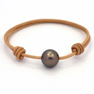 Braccialetto in Cuoio e 1 Perla di Tahiti Rotonda C 12.4 mm