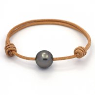 Braccialetto in Cuoio e 1 Perla di Tahiti Rotonda C 12.3 mm