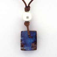 Collana in Cuoio, 1 Perla de Australia Barocca e 2 Opale