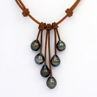 Collana in Cuoio e 6 Perle di Tahiti Cerchiate C di 9.3 a 10 mm