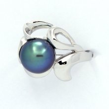 Anello in Argento e 1 Perla di Tahiti Rotonda C+ 9.3 mm