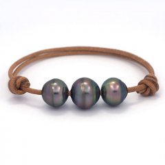 Braccialetto in Cuoio e 3 Perle di Tahiti Cerchiate C  12 a 13.2 mm