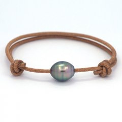 Braccialetto in Cuoio e 1 Perla di Tahiti Cerchiata C 10.1 mm