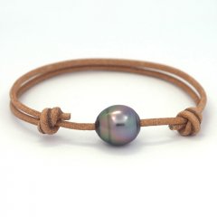 Braccialetto in Cuoio e 1 Perla di Tahiti Cerchiata B 11.6 mm