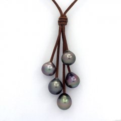 Collana in Cuoio e 5 Perle di Tahiti Semi-Barocche B/C  10 a 10.3 mm