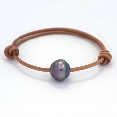 Braccialetto in Cuoio e 1 Perla di Tahiti Cerchiata C 13 mm