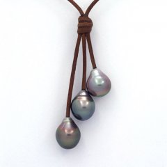 Collana in Cuoio e 3 Perle di Tahiti Semi-Barocche B  10.1 a 10.3 mm