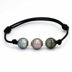 Braccialetto in Cuoio e 3 Perle di Tahiti Cerchiate C 9.7 mm