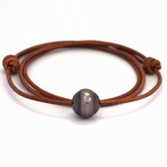Collana in Cuoio e 1 Perla di Tahiti Cerchiata C 13.2 mm