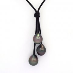 Collana in Cuoio e 3 Perle di Tahiti Semi-Barocche B  10 a 10.2 mm