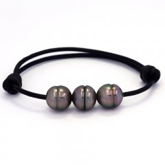 Braccialetto in Cuoio e 3 Perle di Tahiti Cerchiate B 10.5 mm