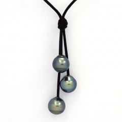 Collana in Cuoio e 3 Perle di Tahiti Cerchiate C+  10 a 10.3 mm