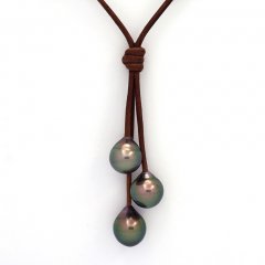 Collana in Cuoio e 3 Perle di Tahiti Semi-Barocche B  9.5 a 9.9 mm