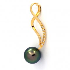 Ciondolo in Oro 18K + 7 diamanti 0.01 carati HS1 e 1 Perla di Tahiti Rotonda Top Gem 9.3 mm